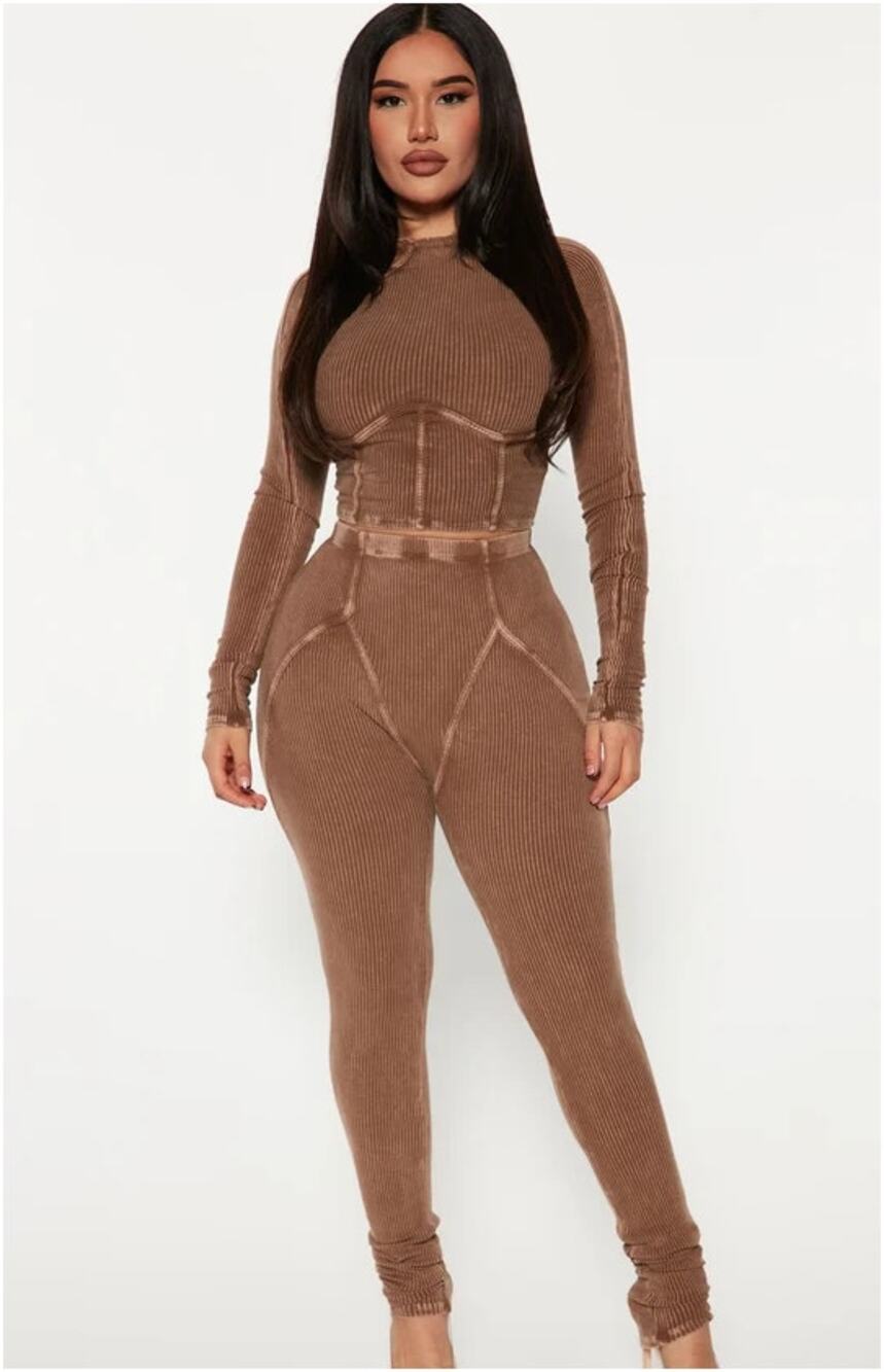 Fashion Nova Jaime Legging Set Womens S Brown Ribbed Crop Top High Rise Stretch